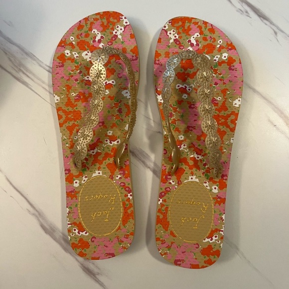 Jack Rogers Floral Flip Flops – Size 7-8 – Pink, Gold & Orange - Picture 2 of 5